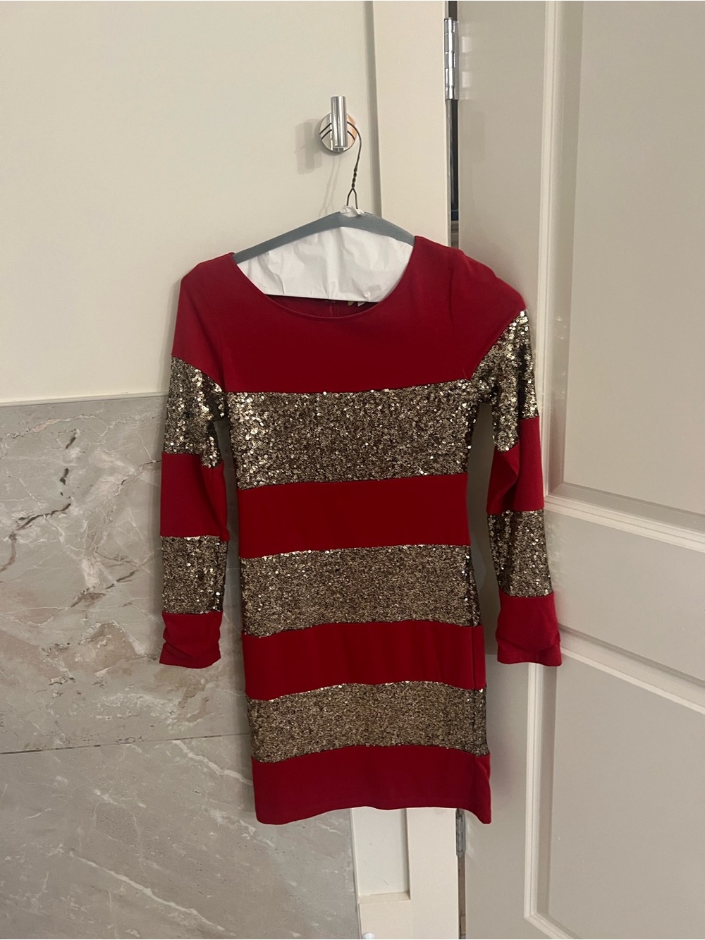 Gianni Bini Red and Gold Sequin Stripe Long Sleeve Dress